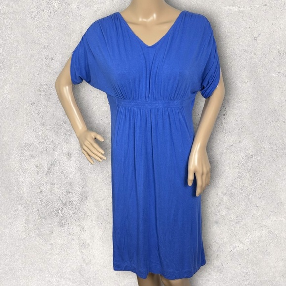 Soma Blue V-Neck Drape Short Sleeve Dress Size Small Knee Length Ruched Shift - Picture 9 of 10
